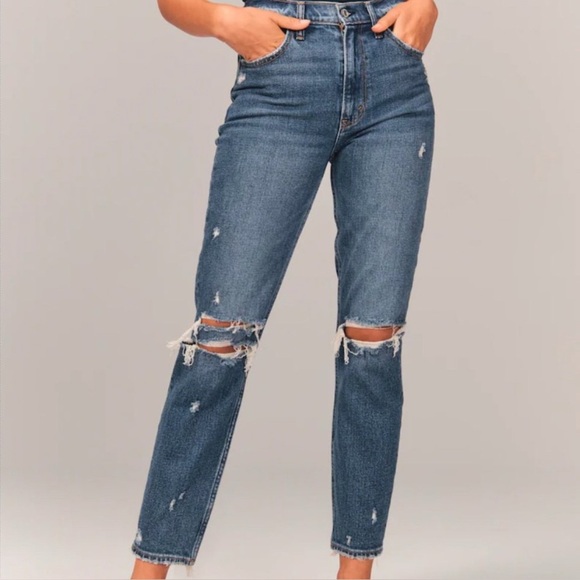 Abercrombie High Rise Mom Jeans - Medium Ripped Wash - Picture 5 of 8